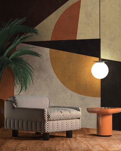 Tapet modern cu design geometric in culori neutre, cu accente de auriu.