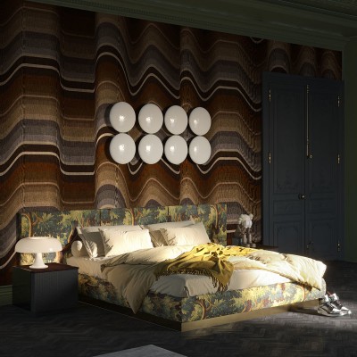 Tapet abstract ondulat cu tonuri de maro și gri, ideal pentru decorarea unui dormitor sau living.