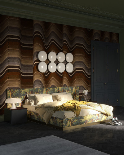 Tapet abstract ondulat cu tonuri de maro și gri, ideal pentru decorarea unui dormitor sau living.