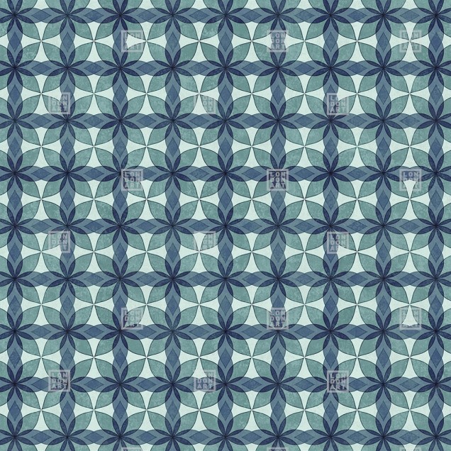 Tapet geometric cu flori stilizate în nuanțe de turcoaz, gri și bej.