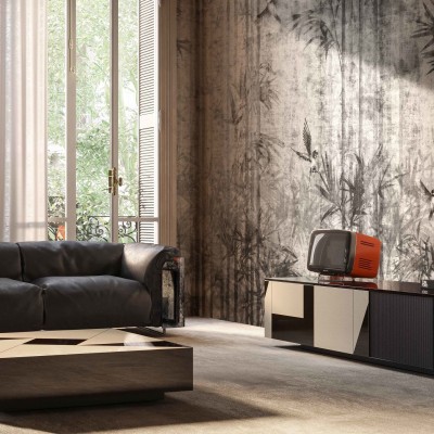 Tapet cu design abstract cu nuanțe de gri și negru, accente aurii și motivație cu păsări în zbor.