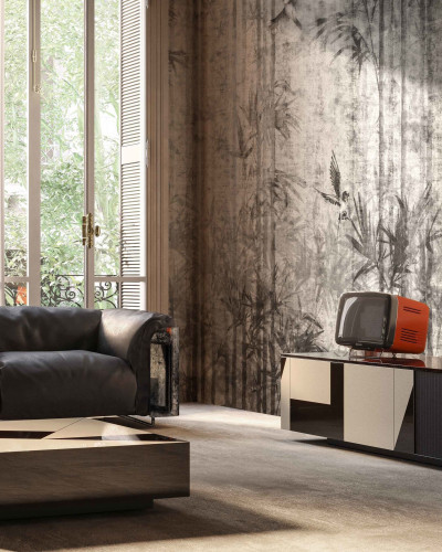 Tapet cu design abstract cu nuanțe de gri și negru, accente aurii și motivație cu păsări în zbor.