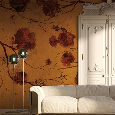 Tapet floral auriu cu motive delicate, perfect pentru a crea o atmosferă rafinată în orice încăpere.
