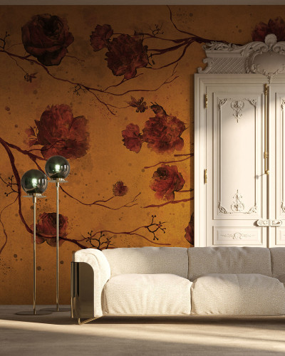 Tapet floral auriu cu motive delicate, perfect pentru a crea o atmosferă rafinată în orice încăpere.