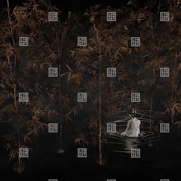 Wallpaper Dance Little Sister (maro A) cu un model delicat de bambus în nuanțe de maro, ce include o imagine a unei femei delicate pe un fundal negru.
