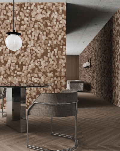 Tapet geometric abstract in nuanțe calde de bej și maro, ideal pentru living, dormitor sau hol.