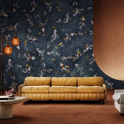Tapet modern cu design minimalist, cu pesti koi alb-negru pe fond albastru inchis.