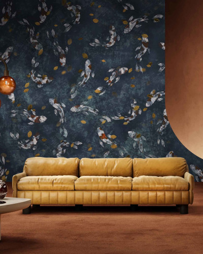 Tapet modern cu design minimalist, cu pesti koi alb-negru pe fond albastru inchis.