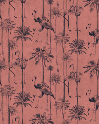 Tapet cu palmieri și flamingo pe un perete roz
