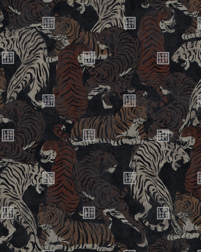 Tapet cu tigri, design tribal, culori intense, textură vintage.
