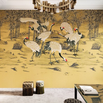 Tapet cu macarale albe pe un fundal auriu, cu un design exotic și elegant