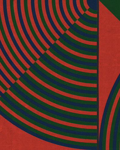Tapet cu design geometric rosu intens, cu o femeie in stilul anilor '70.