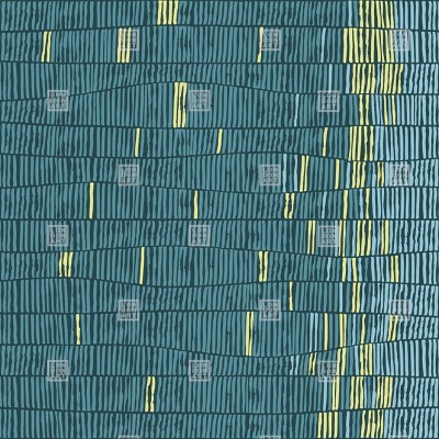 Tapet geometric abstract cu linii fine si curbe delicate in nuante de turcoaz inchis si galben pal.