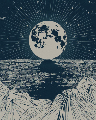 Fototapet cu design minimalist, ce prezintă o lună plină deasupra unui ocean liniștit