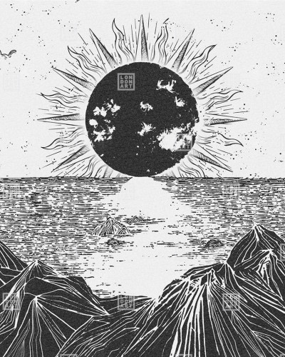 Wallpaper monocrom cu design grafic minimalist, cu un soare stilizat, nori și munți.