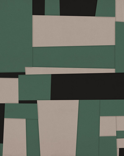 Tapet geometric modern cu accente de verde vibrant, cu design abstract format din pătrate de culori neutre
