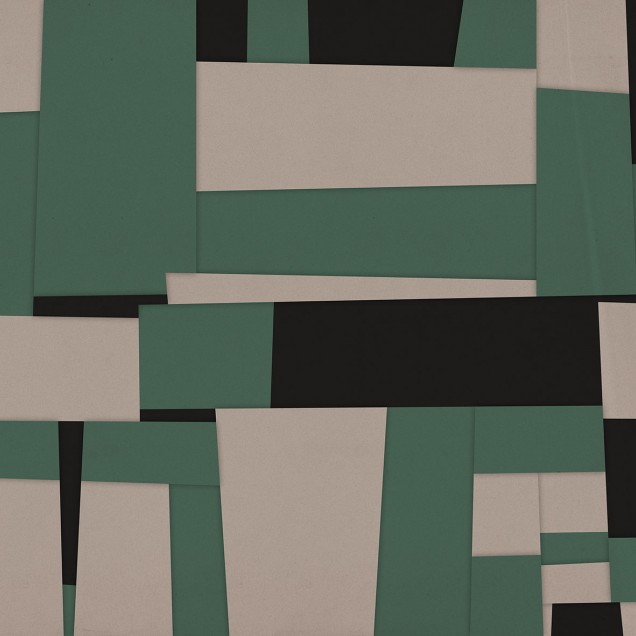 Tapet geometric modern cu accente de verde vibrant, cu design abstract format din pătrate de culori neutre