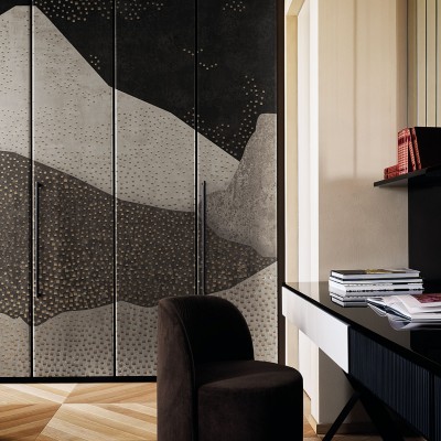 Tapet cu design abstract inspirat de arta japoneză, cu nuanțe de gri, negru și auriu