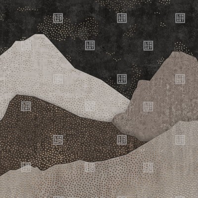 Tapet cu design abstract inspirat de arta japoneză, cu nuanțe de gri, negru și auriu