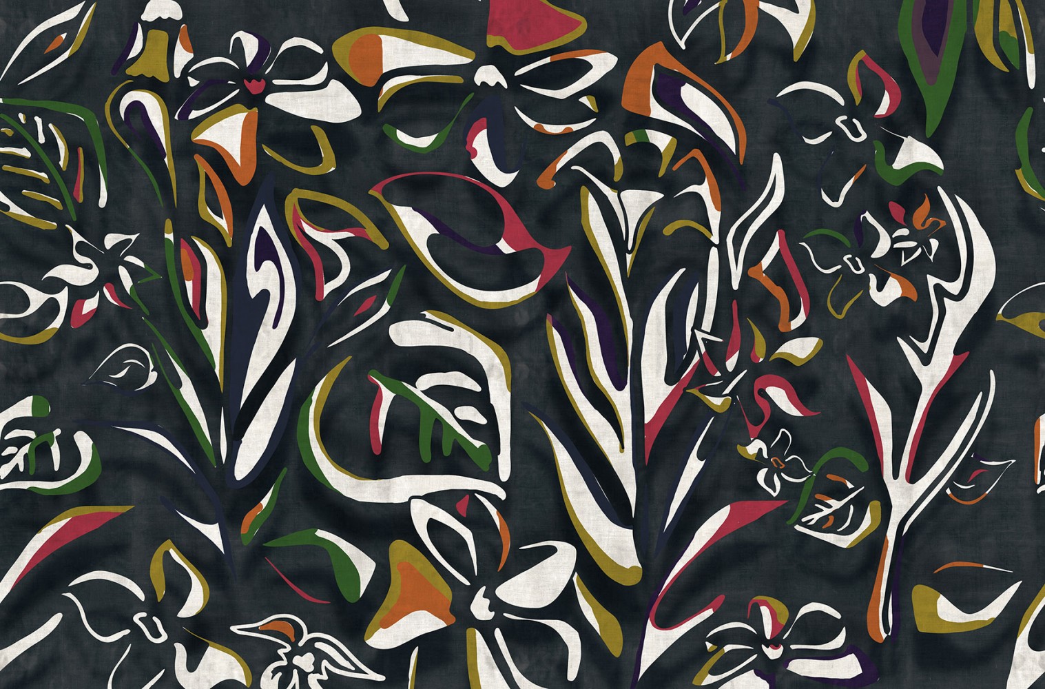 Tapet cu model abstract si floral in nuante de negru, cu o femeie imbracat in rosu in fundal