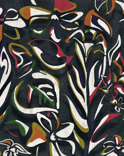 Tapet cu model abstract si floral in nuante de negru, cu o femeie imbracat in rosu in fundal
