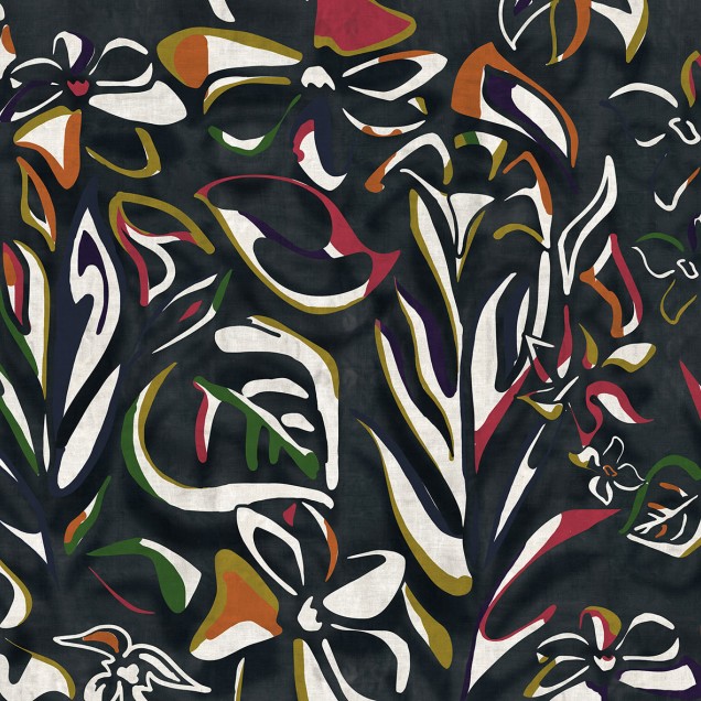 Tapet cu model abstract si floral in nuante de negru, cu o femeie imbracat in rosu in fundal