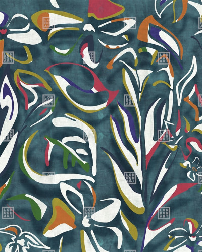 Tapet abstract cu flori si frunze colorate pe un fundal turcoaz