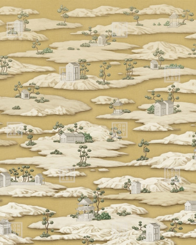 Tapet cu un design inspirat din cultura japoneză, cu motive aurii delicate pe un fond alb.