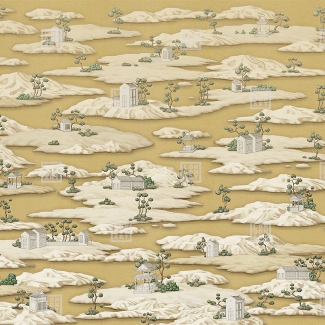 Tapet cu un design inspirat din cultura japoneză, cu motive aurii delicate pe un fond alb.