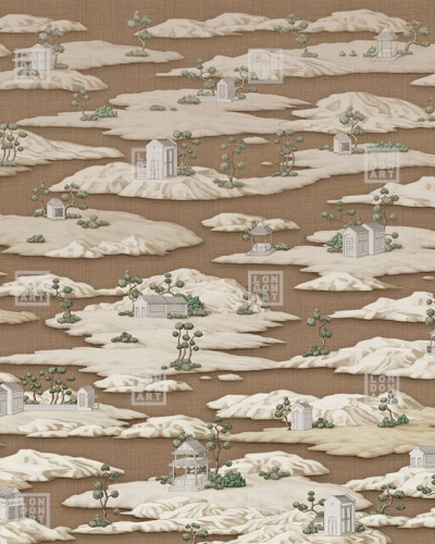 Tapet cu design asiatic, inspirat de cultura japoneză, cu motive de kimono și cărți pe un fundal texturat în nuanțe de caramel.