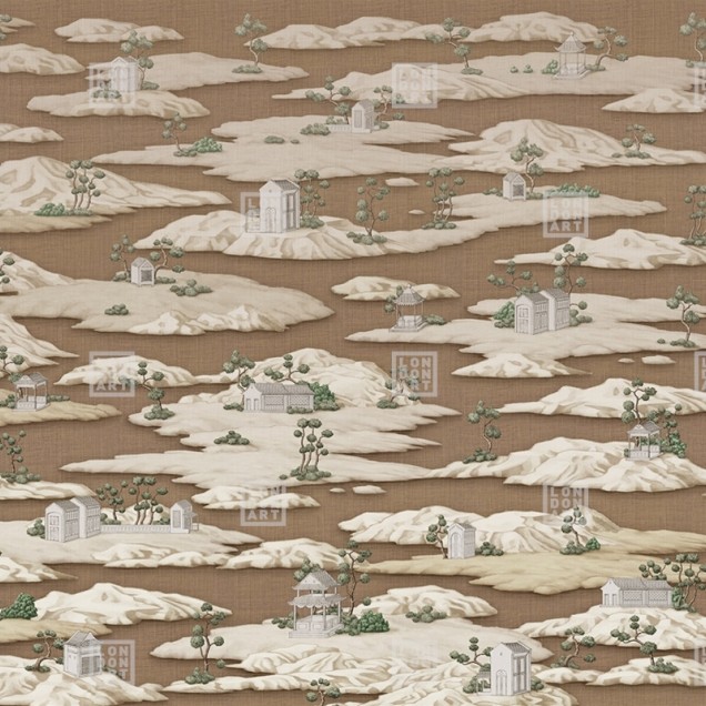 Tapet cu design asiatic, inspirat de cultura japoneză, cu motive de kimono și cărți pe un fundal texturat în nuanțe de caramel.