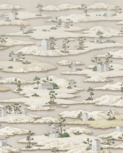 Tapet cu motive japoneze traditionale, in nuante de alb si verde, cu design elegant inspirat de arta japoneza.