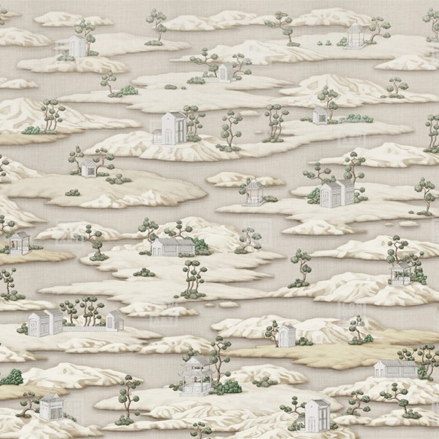 Tapet cu motive japoneze traditionale, in nuante de alb si verde, cu design elegant inspirat de arta japoneza.