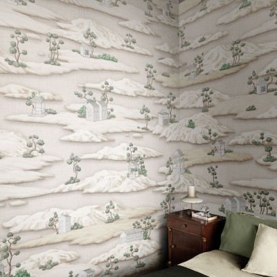 Tapet cu motive japoneze traditionale, in nuante de alb si verde, cu design elegant inspirat de arta japoneza.