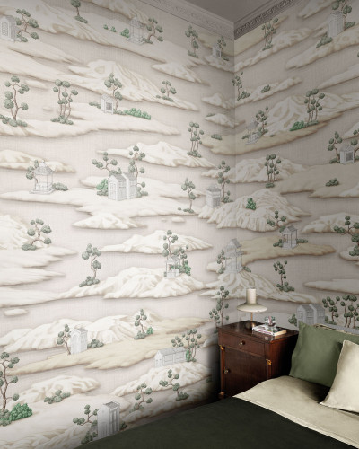 Tapet cu motive japoneze traditionale, in nuante de alb si verde, cu design elegant inspirat de arta japoneza.