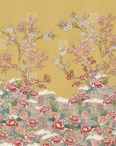 Tapet floral cu flori orientale delicate, pe fundal auriu.