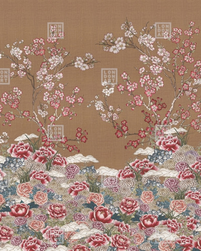 Fototapet cu design floral, inspirat din cultura japoneză. Tapetul are un fond de culoare caramel și prezintă flori roz, albe și crem.