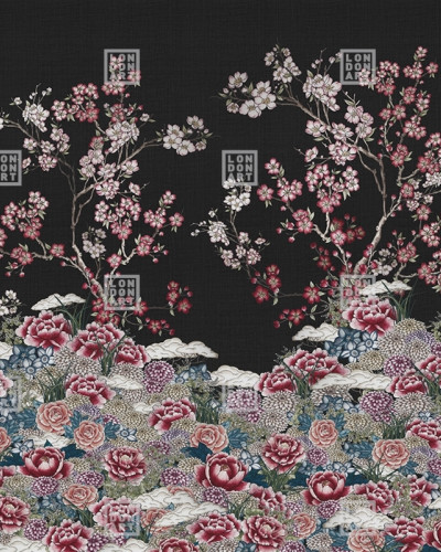 Tapet floral cu design asiatic modern, culori vibrante si detalii delicate.