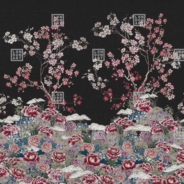 Tapet floral cu design asiatic modern, culori vibrante si detalii delicate.