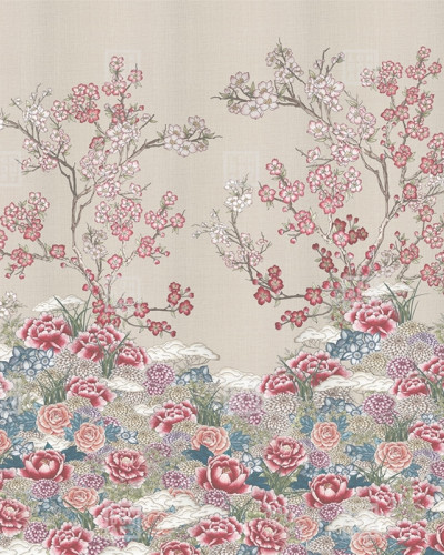 Tapet cu flori de cires în stil japonez, Kimono Tale Books / Zori (alb)