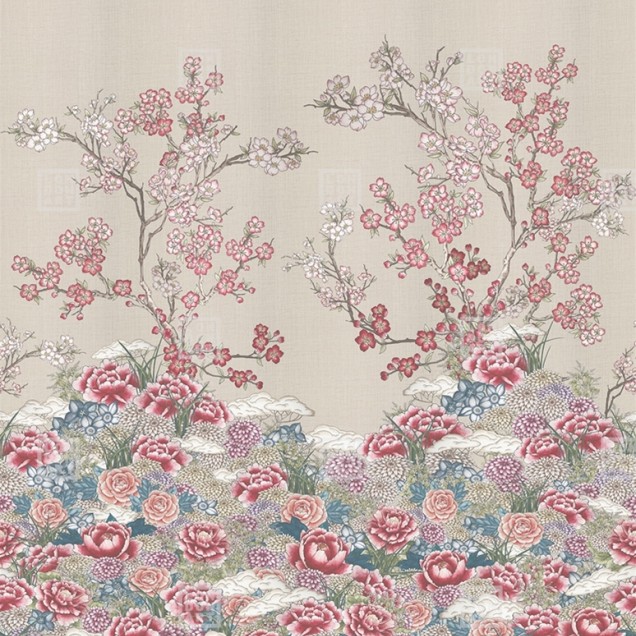 Tapet cu flori de cires în stil japonez, Kimono Tale Books / Zori (alb)