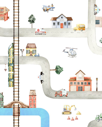 Tapet City of Vehicles cu o cale cu masini, tren, elicopter, autobuz, cladiri si alte elemente din oras
