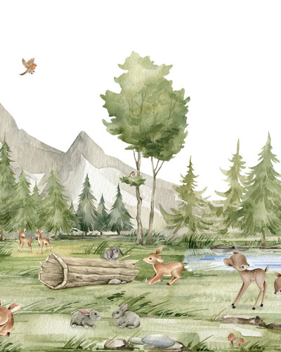 Tapet Pădure Fermecătoare cu pădure, copaci, munți și animale