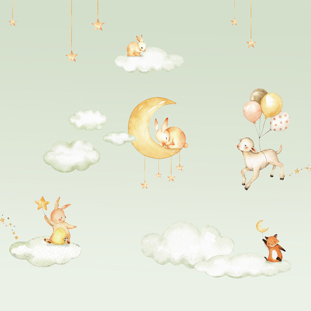 Tapet cu iepurași, nori și stele pentru camera copiilor