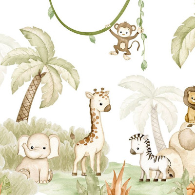 Tapet cu design de junglă, cu palmieri, animale safari și culori calde.