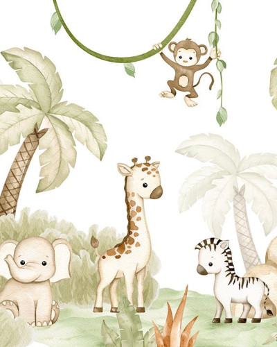 Tapet cu design de junglă, cu palmieri, animale safari și culori calde.