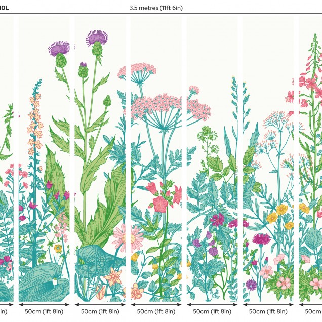 Fototapet Origin Murals ORM-MUR110L. Conține culorile: Verde, Verde-Galben, Albastru, Albastru-Turcoaz, Verde, Verde Pastel, Violet, Mov Trafic, Roz, Roz Deschis