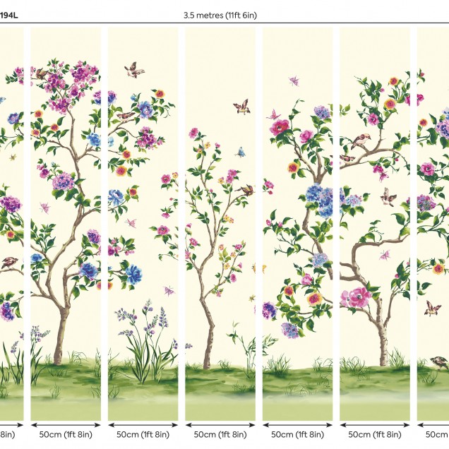 Fototapet Origin Murals ORM-MUR194L. Conține culorile: Alb, Alb Pur, Verde, Verde Pastel, Verde, Verde Turcoaz, Gri, Gri-Bej, Violet, Violet Erica