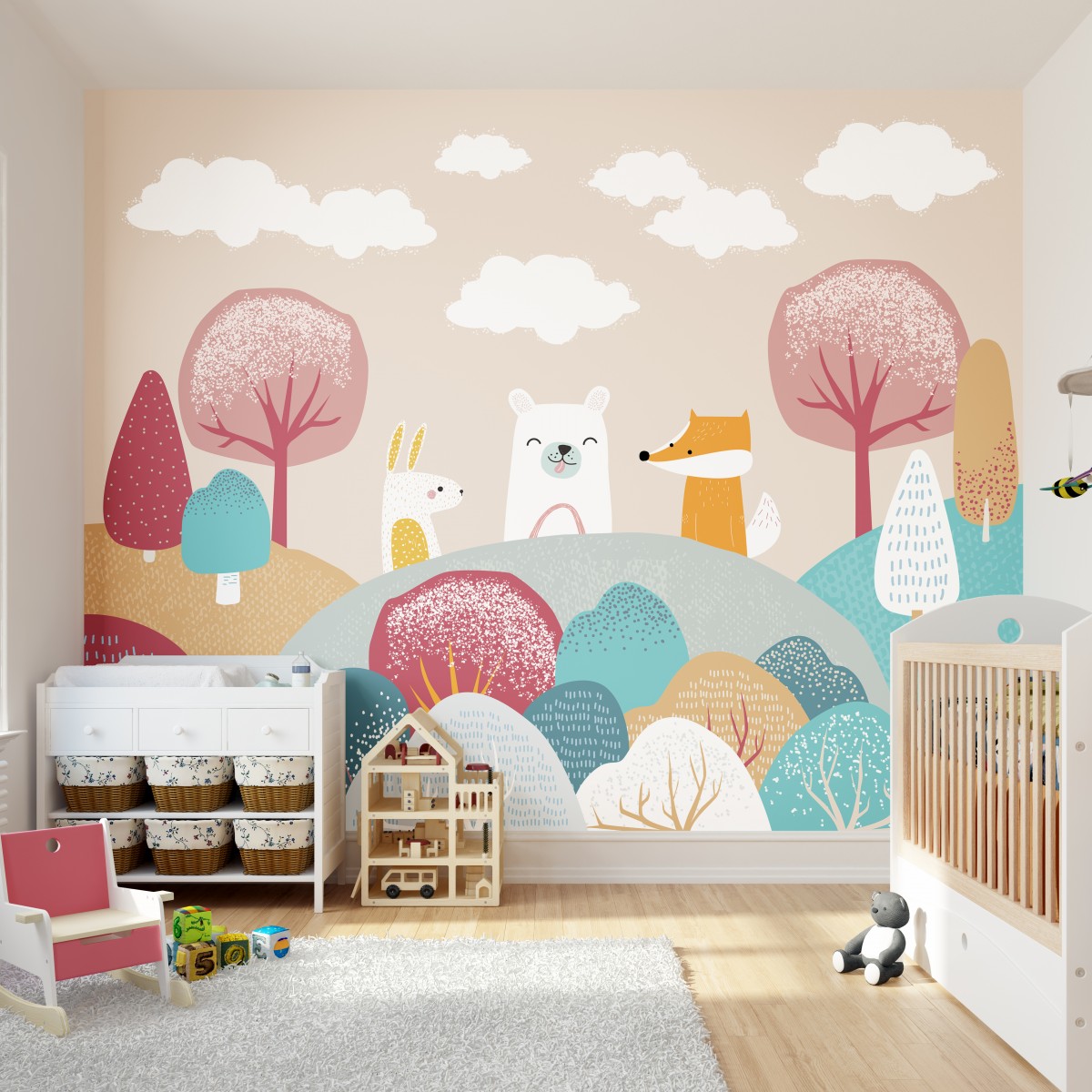 Fototapet Origin Murals ORM-MUR220M. Conține culorile: Roz, Rose, Verde, Verde Deschis, Galben, Galben Șofran, Maro, Cremă, Gri, Gri Veveriță