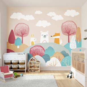 Fototapet Origin Murals ORM-MUR220M. Conține culorile: Roz, Rose, Verde, Verde Deschis, Galben, Galben Șofran, Maro, Cremă, Gri, Gri Veveriță